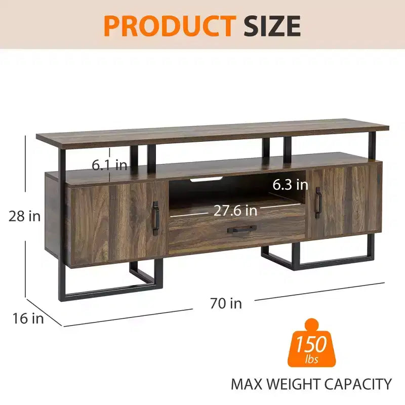 Mueble para TV Industrial de 70", Centro de Entretenimiento con Almacenamiento y Cajón para Sala de Estar, Marrón Rústico