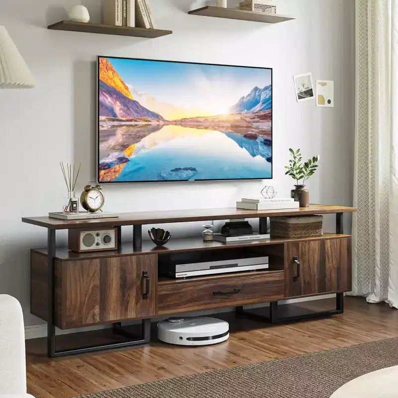 Mueble para TV Industrial de 70", Centro de Entretenimiento con Almacenamiento y Cajón para Sala de Estar, Marrón Rústico