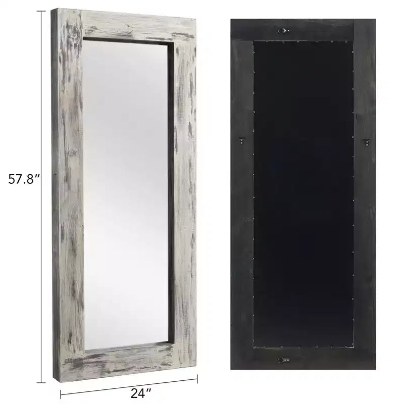 Espejo de cuerpo entero rectangular de 24" An. x 58" Al. con marco de madera maciza, blanco envejecido