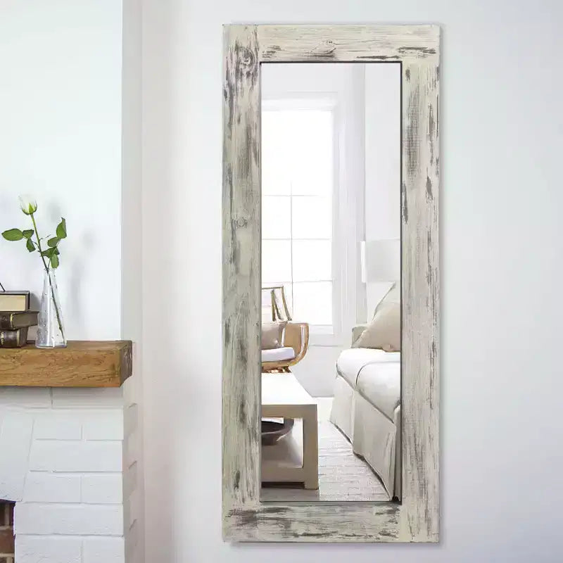 Espejo de cuerpo entero rectangular de 24" An. x 58" Al. con marco de madera maciza, blanco envejecido