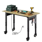 Mesa de trabajo de alta resistencia con toma de corriente, parte superior de madera de altura ajustable, mesa de trabajo rodante para garaje