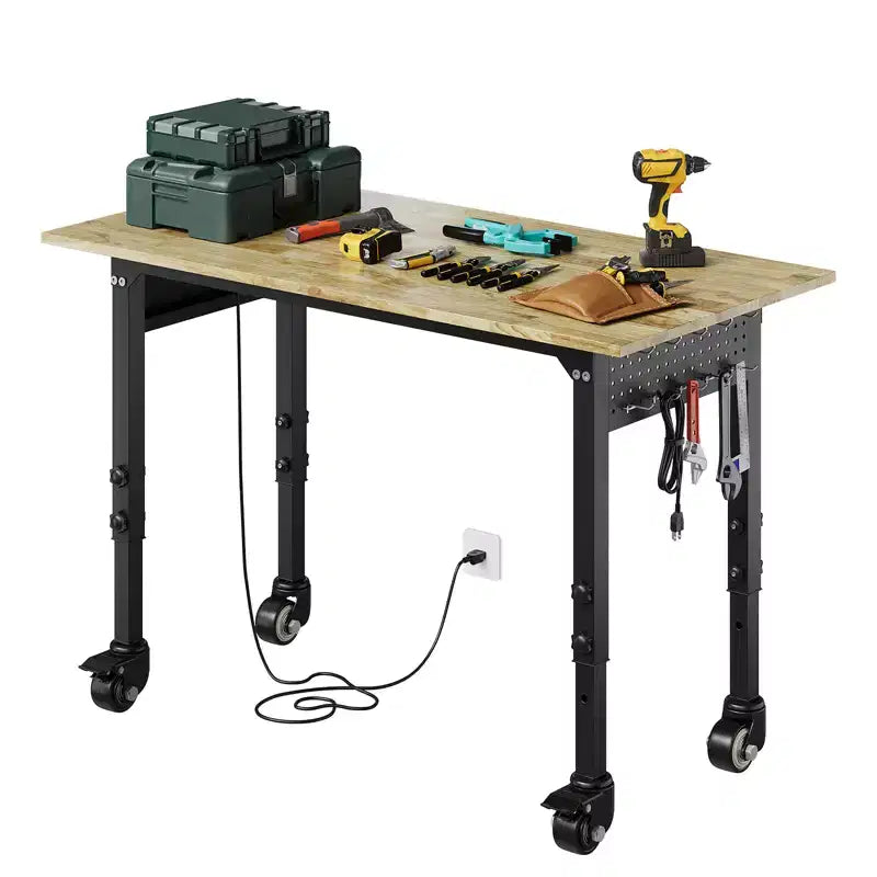 Mesa de trabajo de alta resistencia con toma de corriente, parte superior de madera de altura ajustable, mesa de trabajo rodante para garaje