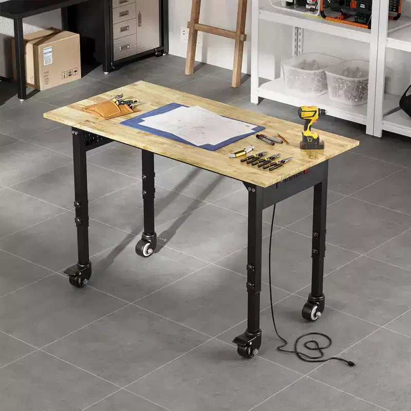 Mesa de trabajo de alta resistencia con toma de corriente, parte superior de madera de altura ajustable, mesa de trabajo rodante para garaje