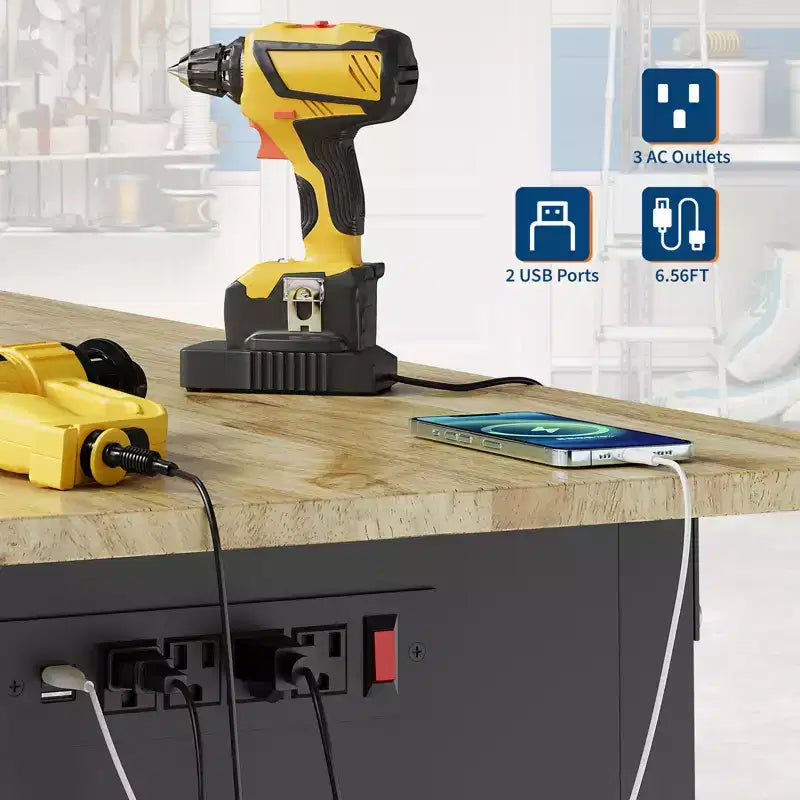 Mesa de trabajo de alta resistencia con toma de corriente, parte superior de madera de altura ajustable, mesa de trabajo rodante para garaje