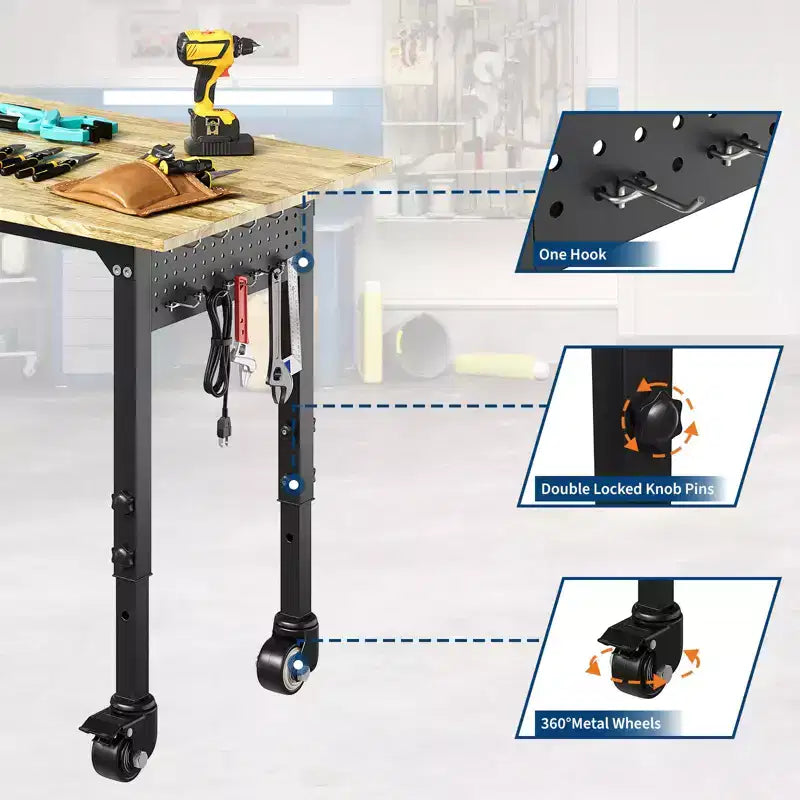 Mesa de trabajo de alta resistencia con toma de corriente, parte superior de madera de altura ajustable, mesa de trabajo rodante para garaje