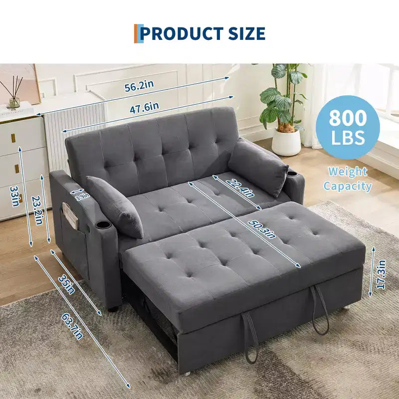 Sofá Cama Convertible 3 en 1, Sofá Moderno Tapizado, Sofá Cama Loveseat de Pana con Cama Extraíble, Respaldo Ajustable, para Sala de Estar