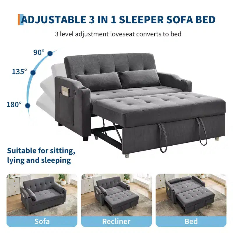 Sofá Cama Convertible 3 en 1, Sofá Moderno Tapizado, Sofá Cama Loveseat de Pana con Cama Extraíble, Respaldo Ajustable, para Sala de Estar