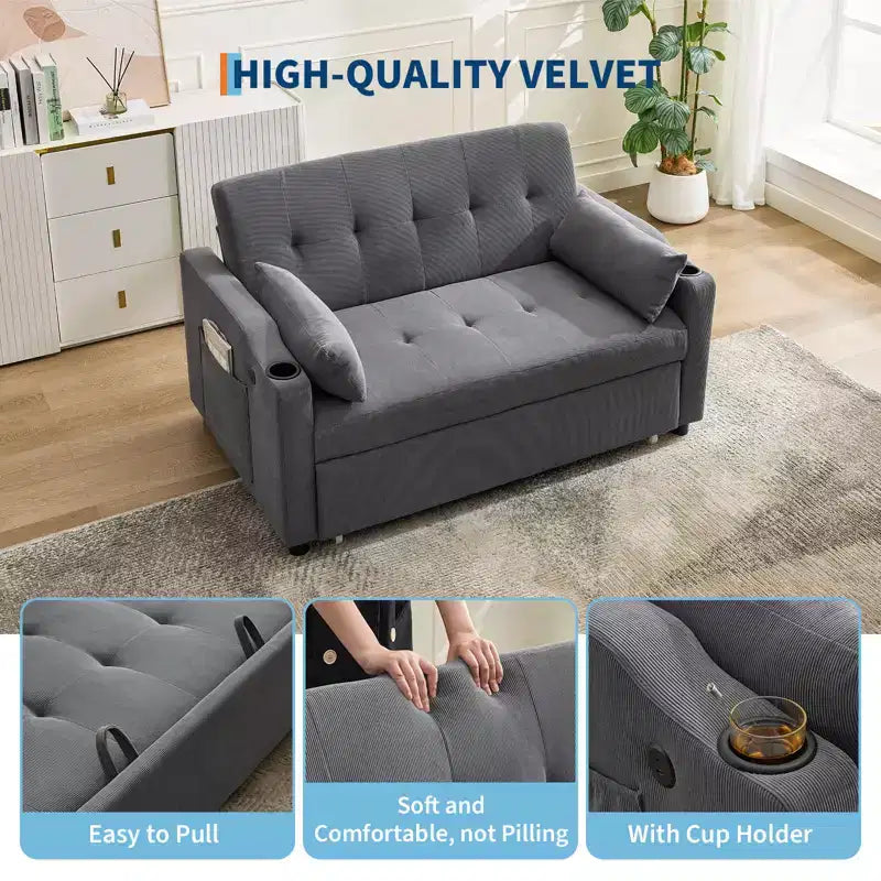 Sofá Cama Convertible 3 en 1, Sofá Moderno Tapizado, Sofá Cama Loveseat de Pana con Cama Extraíble, Respaldo Ajustable, para Sala de Estar