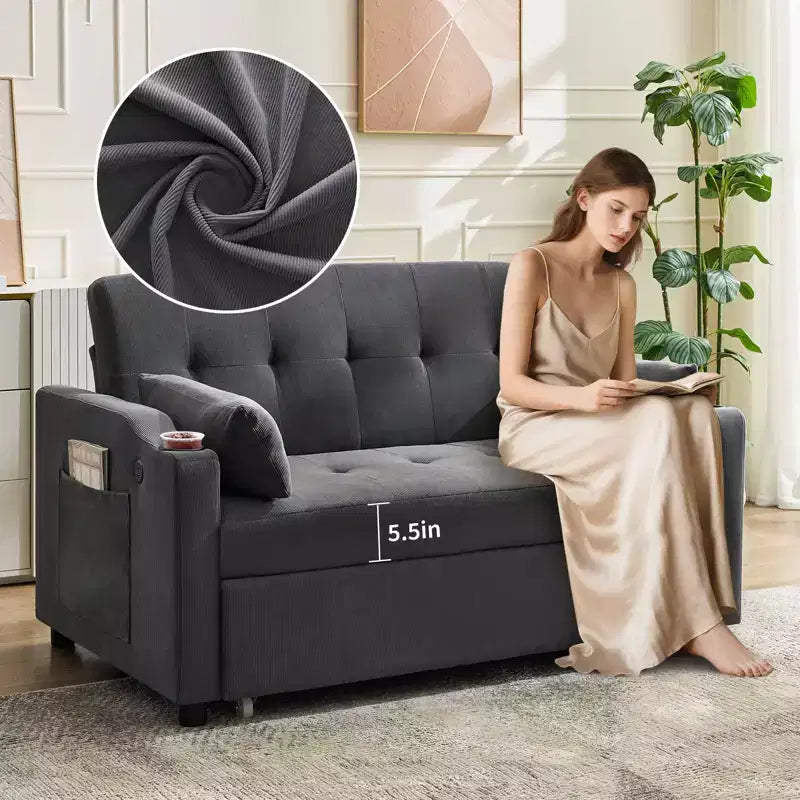 Sofá Cama Convertible 3 en 1, Sofá Moderno Tapizado, Sofá Cama Loveseat de Pana con Cama Extraíble, Respaldo Ajustable, para Sala de Estar