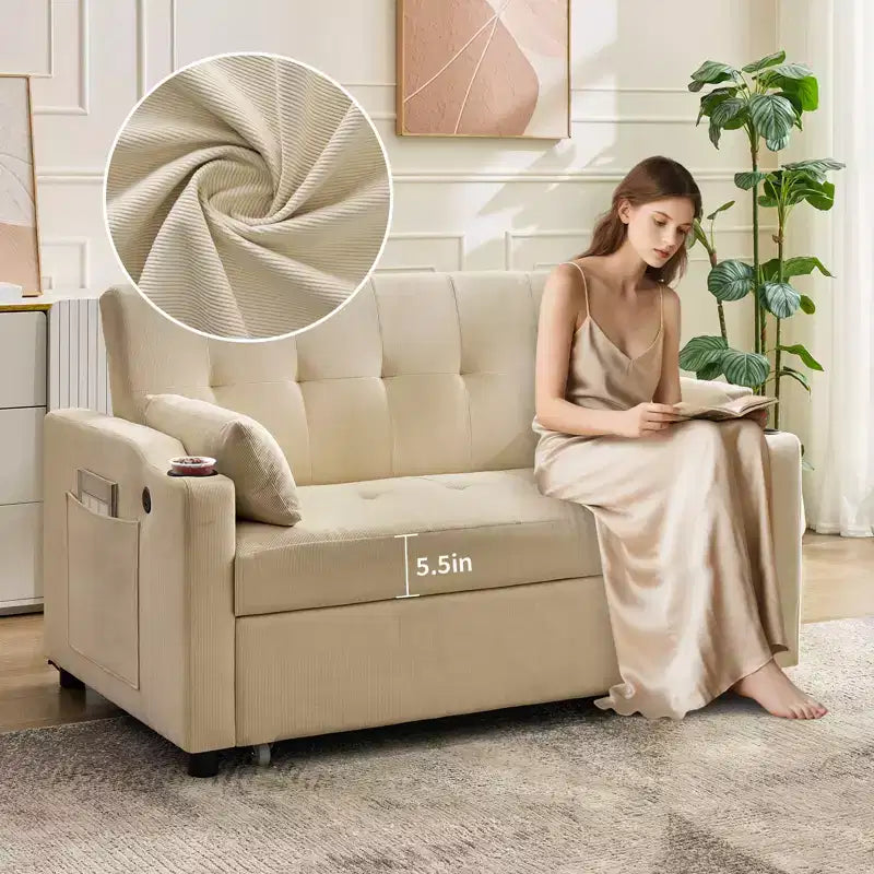 Sofá Cama Convertible 3 en 1, Sofá Moderno Tapizado, Sofá Cama Loveseat de Pana con Cama Extraíble, Respaldo Ajustable, para Sala de Estar