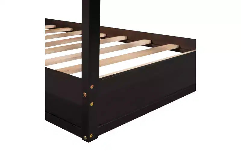 Cama de madera en forma de L de tamaño doble para 2 niños, diván de esquina en forma de L con valla y marco de listones para dormitorio