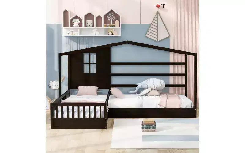 Cama de madera en forma de L de tamaño doble para 2 niños, diván de esquina en forma de L con valla y marco de listones para dormitorio
