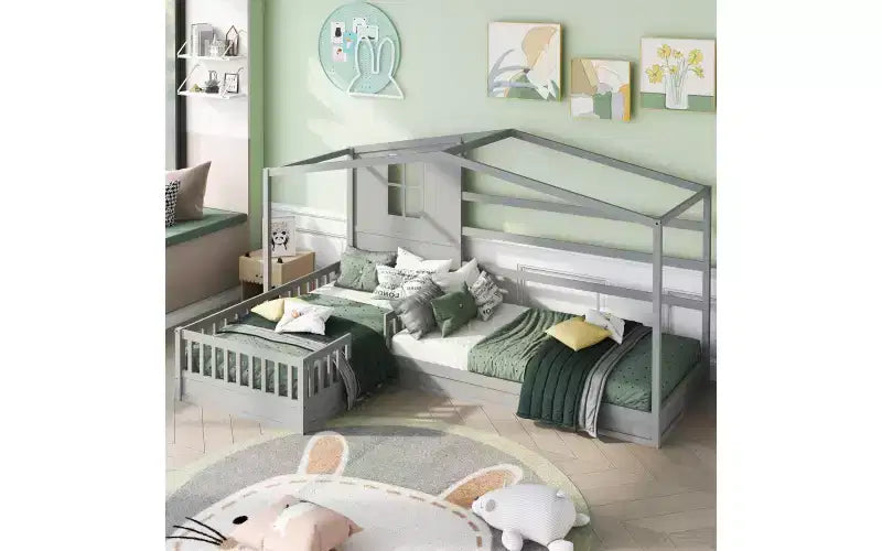 Cama de madera en forma de L de tamaño doble para 2 niños, diván de esquina en forma de L con valla y marco de listones para dormitorio