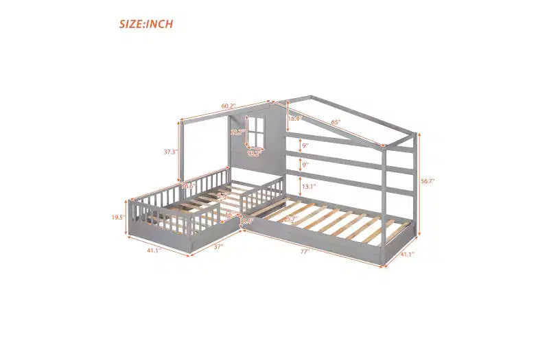 Cama de madera en forma de L de tamaño doble para 2 niños, diván de esquina en forma de L con valla y marco de listones para dormitorio