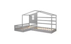 Cama de madera en forma de L de tamaño doble para 2 niños, diván de esquina en forma de L con valla y marco de listones para dormitorio