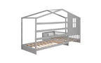 Cama de madera en forma de L de tamaño doble para 2 niños, diván de esquina en forma de L con valla y marco de listones para dormitorio