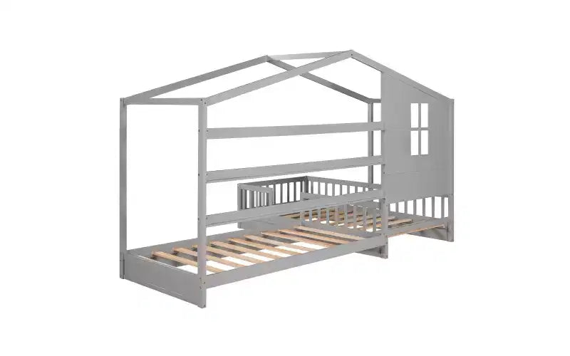 Cama de madera en forma de L de tamaño doble para 2 niños, diván de esquina en forma de L con valla y marco de listones para dormitorio