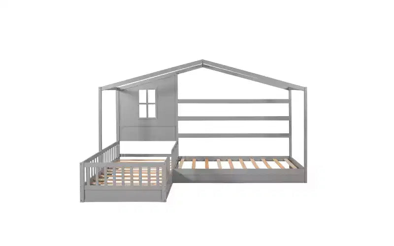 Cama de madera en forma de L de tamaño doble para 2 niños, diván de esquina en forma de L con valla y marco de listones para dormitorio