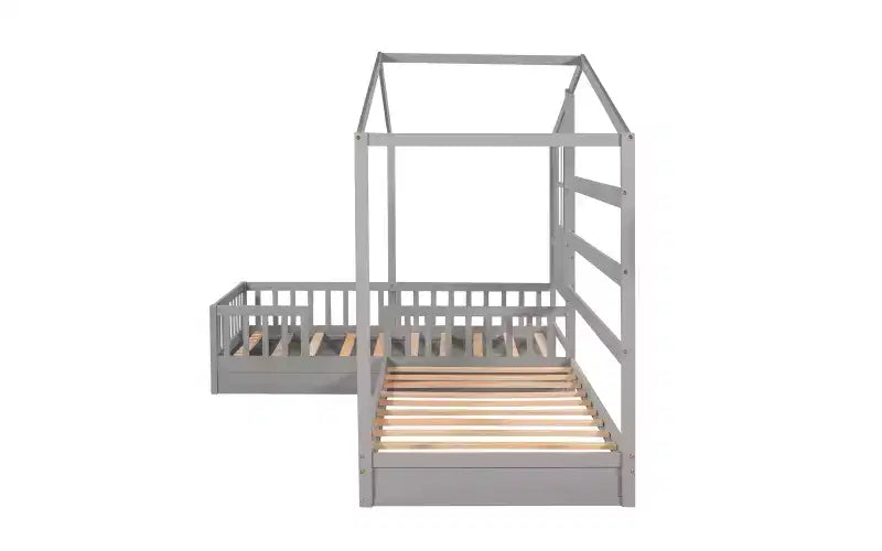 Cama de madera en forma de L de tamaño doble para 2 niños, diván de esquina en forma de L con valla y marco de listones para dormitorio
