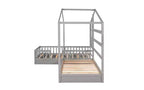 Cama de madera en forma de L de tamaño doble para 2 niños, diván de esquina en forma de L con valla y marco de listones para dormitorio