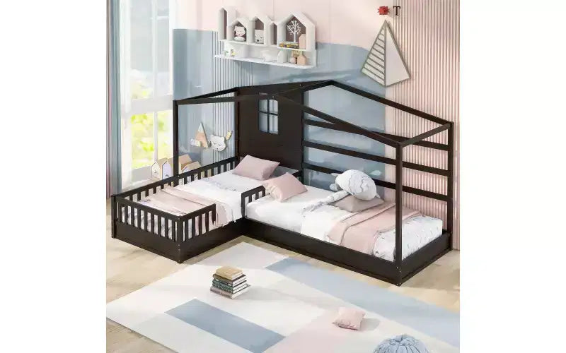Cama de madera en forma de L de tamaño doble para 2 niños, diván de esquina en forma de L con valla y marco de listones para dormitorio