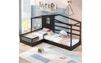Cama de madera en forma de L de tamaño doble para 2 niños, diván de esquina en forma de L con valla y marco de listones para dormitorio