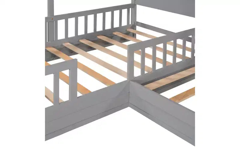 Cama de madera en forma de L de tamaño doble para 2 niños, diván de esquina en forma de L con valla y marco de listones para dormitorio