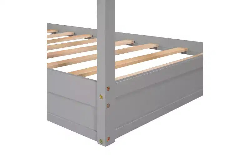 Cama de madera en forma de L de tamaño doble para 2 niños, diván de esquina en forma de L con valla y marco de listones para dormitorio