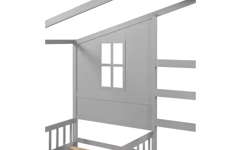 Cama de madera en forma de L de tamaño doble para 2 niños, diván de esquina en forma de L con valla y marco de listones para dormitorio