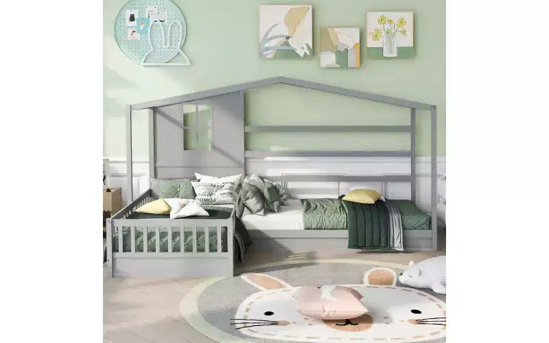 Cama de madera en forma de L de tamaño doble para 2 niños, diván de esquina en forma de L con valla y marco de listones para dormitorio