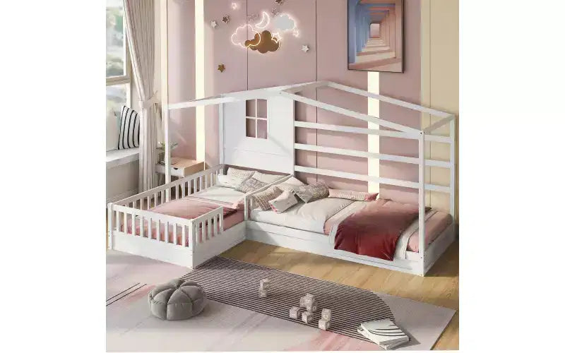 Cama de madera en forma de L de tamaño doble para 2 niños, diván de esquina en forma de L con valla y marco de listones para dormitorio