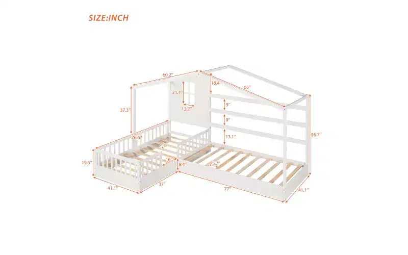 Cama de madera en forma de L de tamaño doble para 2 niños, diván de esquina en forma de L con valla y marco de listones para dormitorio