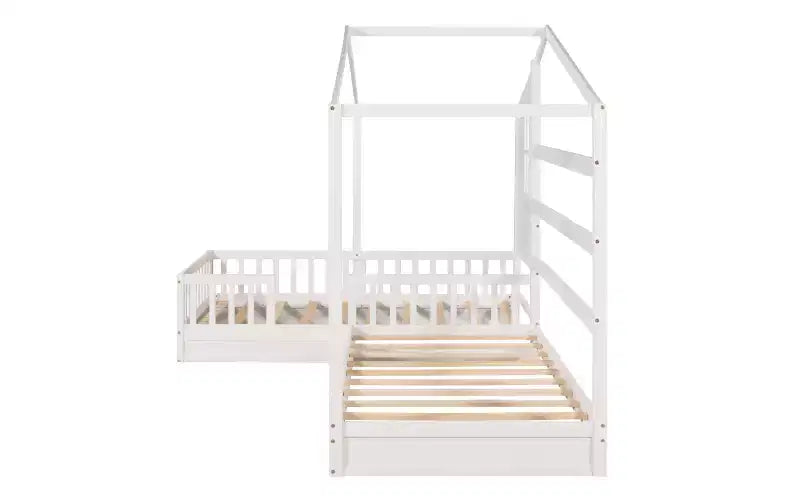 Cama de madera en forma de L de tamaño doble para 2 niños, diván de esquina en forma de L con valla y marco de listones para dormitorio
