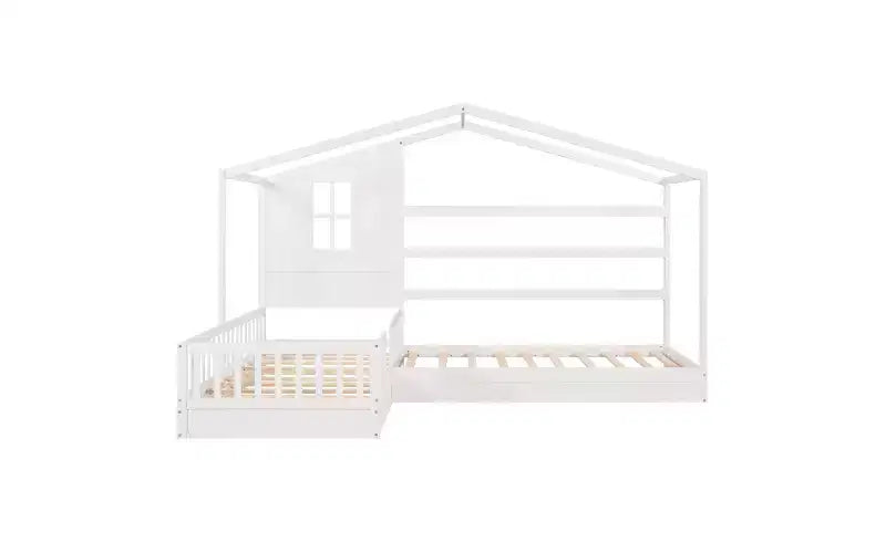 Cama de madera en forma de L de tamaño doble para 2 niños, diván de esquina en forma de L con valla y marco de listones para dormitorio