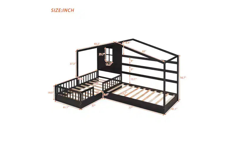 Cama de madera en forma de L de tamaño doble para 2 niños, diván de esquina en forma de L con valla y marco de listones para dormitorio