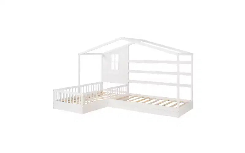 Cama de madera en forma de L de tamaño doble para 2 niños, diván de esquina en forma de L con valla y marco de listones para dormitorio