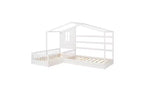 Cama de madera en forma de L de tamaño doble para 2 niños, diván de esquina en forma de L con valla y marco de listones para dormitorio