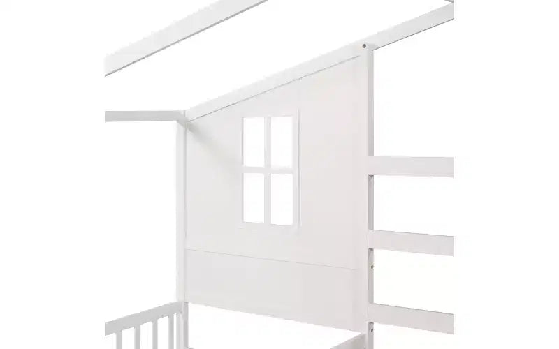 Cama de madera en forma de L de tamaño doble para 2 niños, diván de esquina en forma de L con valla y marco de listones para dormitorio