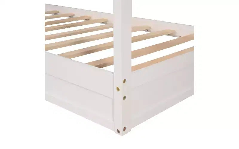 Cama de madera en forma de L de tamaño doble para 2 niños, diván de esquina en forma de L con valla y marco de listones para dormitorio