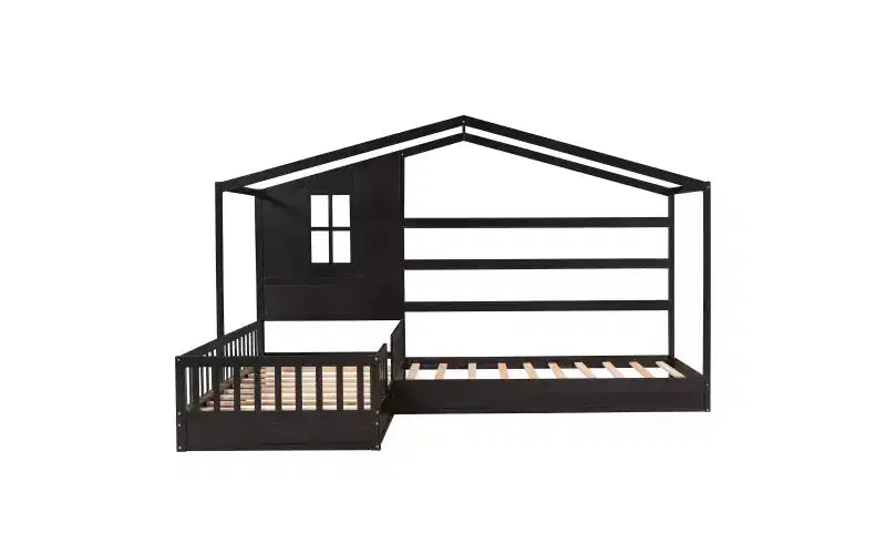 Cama de madera en forma de L de tamaño doble para 2 niños, diván de esquina en forma de L con valla y marco de listones para dormitorio