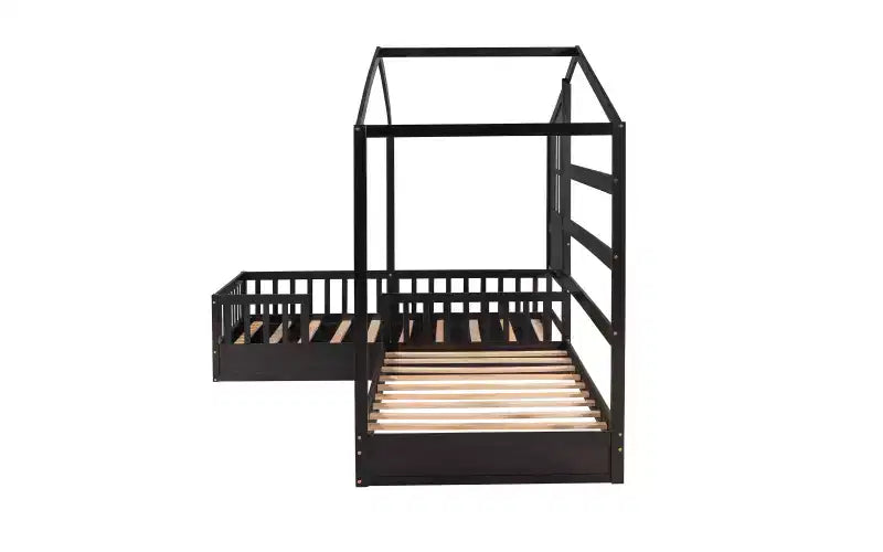 Cama de madera en forma de L de tamaño doble para 2 niños, diván de esquina en forma de L con valla y marco de listones para dormitorio