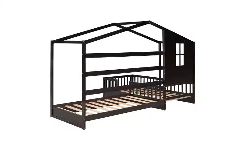 Cama de madera en forma de L de tamaño doble para 2 niños, diván de esquina en forma de L con valla y marco de listones para dormitorio