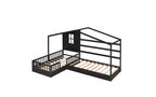 Cama de madera en forma de L de tamaño doble para 2 niños, diván de esquina en forma de L con valla y marco de listones para dormitorio