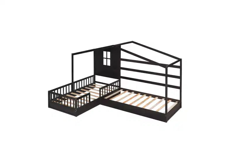 Cama de madera en forma de L de tamaño doble para 2 niños, diván de esquina en forma de L con valla y marco de listones para dormitorio