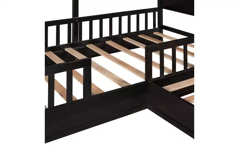 Cama de madera en forma de L de tamaño doble para 2 niños, diván de esquina en forma de L con valla y marco de listones para dormitorio