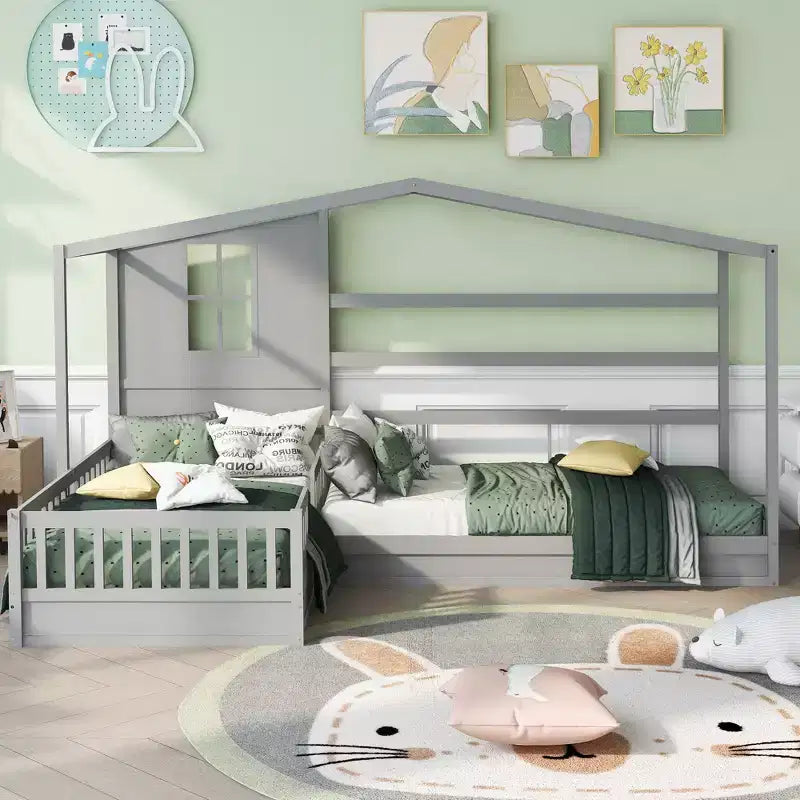 Cama de madera en forma de L de tamaño doble para 2 niños, diván de esquina en forma de L con valla y marco de listones para dormitorio