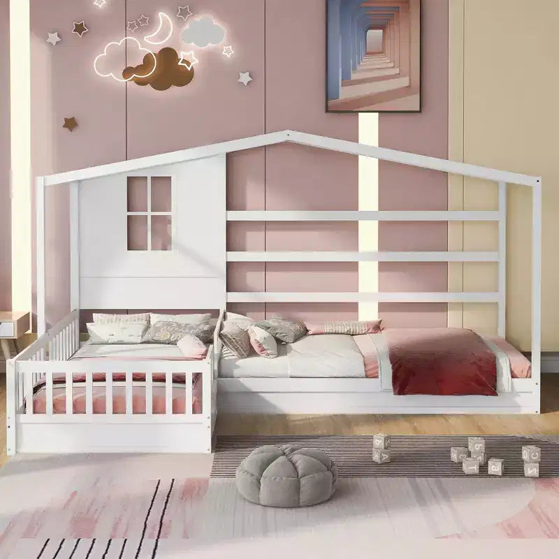 Cama de madera en forma de L de tamaño doble para 2 niños, diván de esquina en forma de L con valla y marco de listones para dormitorio
