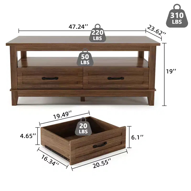 Mesa de centro con cajones, 120 cm, estilo rústico, con estantes abiertos y 6 patas de apoyo.