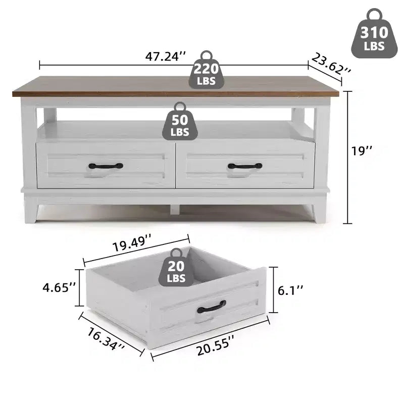 Mesa de centro con cajones, 120 cm, estilo rústico, con estantes abiertos y 6 patas de apoyo.