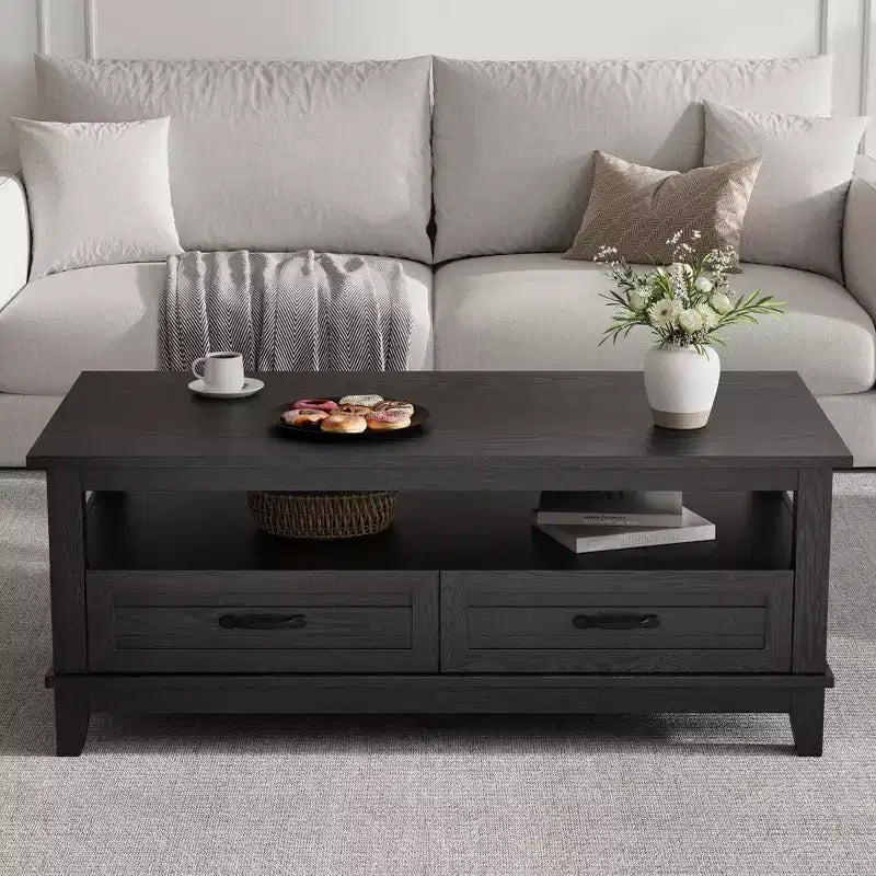 Mesa de centro con cajones, 120 cm, estilo rústico, con estantes abiertos y 6 patas de apoyo.